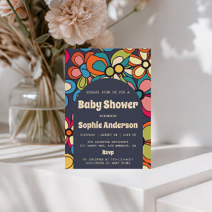 Retro Boho Farbige 70er Blumen Baby Shower Party Einladung
