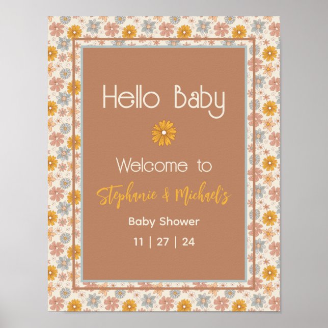 Retro Boho Floral Baby Dusche Begrüßungszeichen Poster (Vorne)