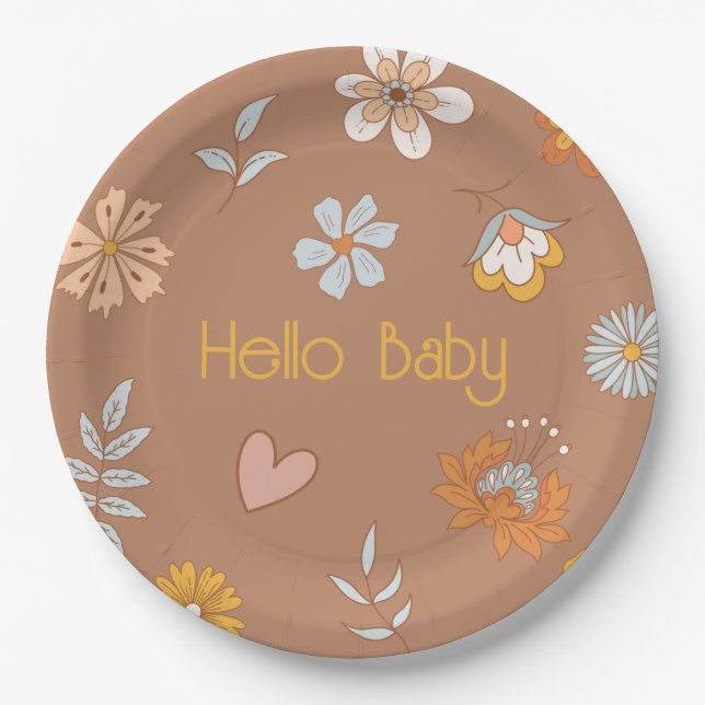 Retro Boho Floral Baby Dusche Hallo Baby Tableware Pappteller (Vorderseite)