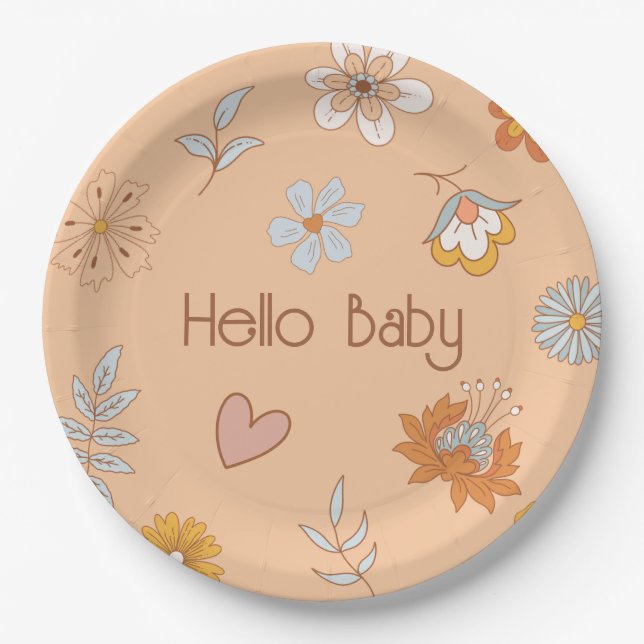 Retro Boho Floral Baby Dusche Hallo Baby Tableware Pappteller (Vorderseite)