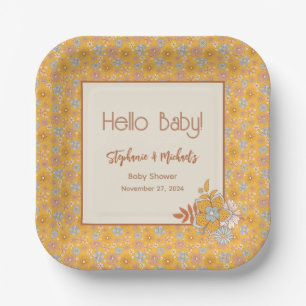 Retro Boho Floral Baby Shower Gender neutral Pappteller