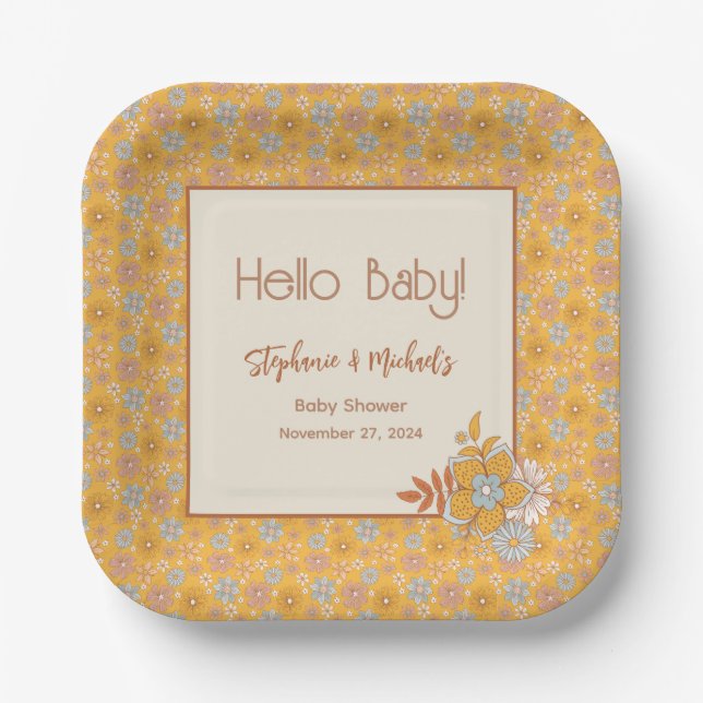 Retro Boho Floral Baby Shower Gender neutral Pappteller (Vorderseite)
