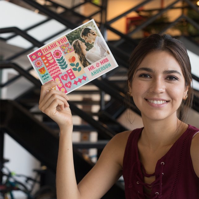 Retro Boho Floral Bold & Bright farbenfrohe Hochze Dankeskarte (Von Creator hochgeladen)