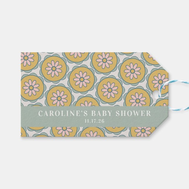 Retro Boho Floral Pastel Custom Baby Dusche Geschenkanhänger (Vorderseite (Horizontal))
