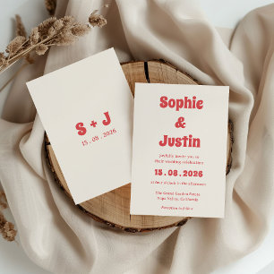 Retro Boho Korallen-Typografie-Hochzeit Einladung