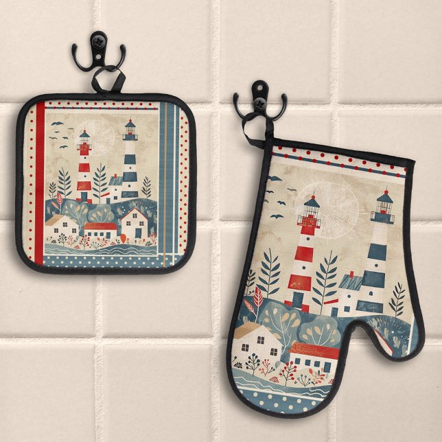 Retro Boho Lighthouse Nautical Ofenhandschuh & Topflappen-Set (Oven mitt and pot holder set featuring lighthouses in retro style with stripes and polka dots)