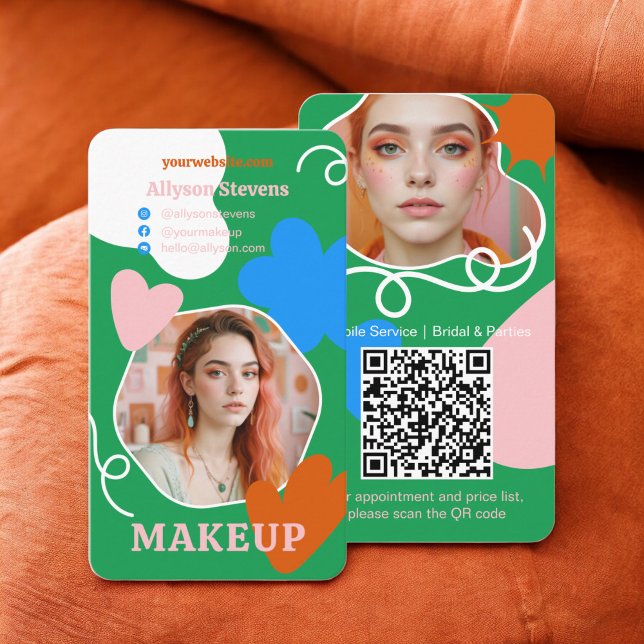 Retro boho Makeup Schönheit formt Foto qr Code Visitenkarte (Retro boho Makeup beauty shapes photo qr code Business Card green)