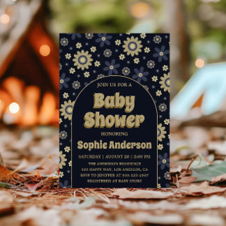 Retro Boho Navy Floral Arch Baby Shower Einladung
