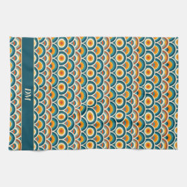 Retro Boho Orange Blue Sun Muster Monogram Geschirrtuch
