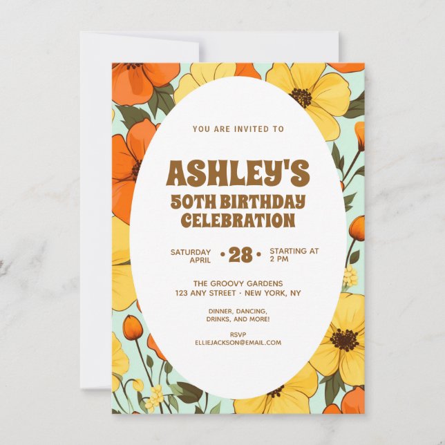 Retro Boho Orange Yellow Floral Niedliche Geburtst Einladung (Vorderseite)