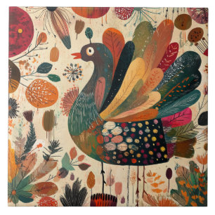 Retro Boho Patchwork Herbst Truthahn Fliese
