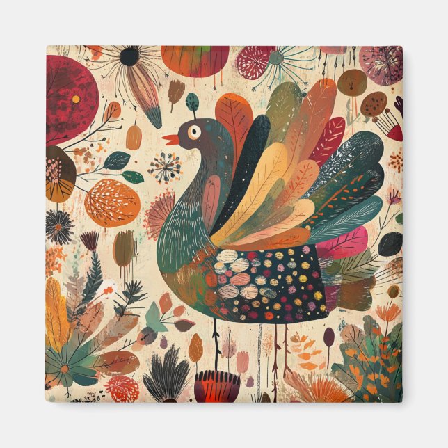 Retro Boho Patchwork Herbst Truthahn Magnet (Vorne)