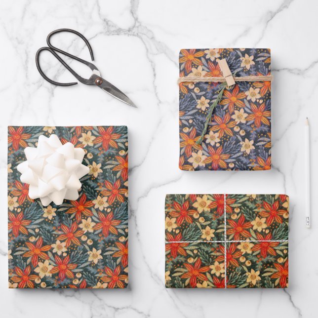 Retro boho pattern of poinsettia for Christmas  Geschenkpapier Set (Vorderseite)