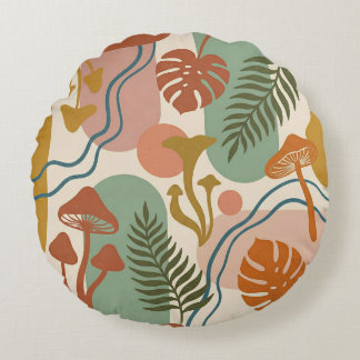 Retro-Boho-Pilz- und botanische Erdtöne Rundes Kissen