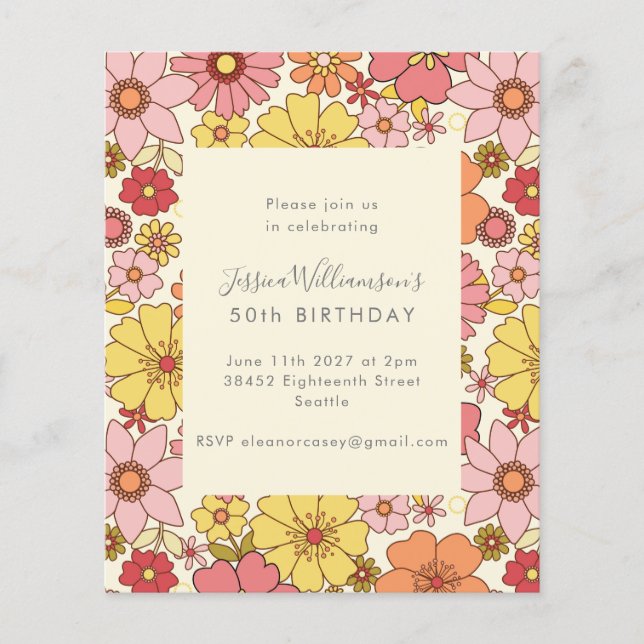 Retro Boho Pink Floral Geburtstag Einladung (Vorderseite)