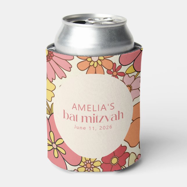 Retro Boho Pink Floral Groovy Bat Mitzvah Custom Dosenkühler (Kanne Vorderseite)