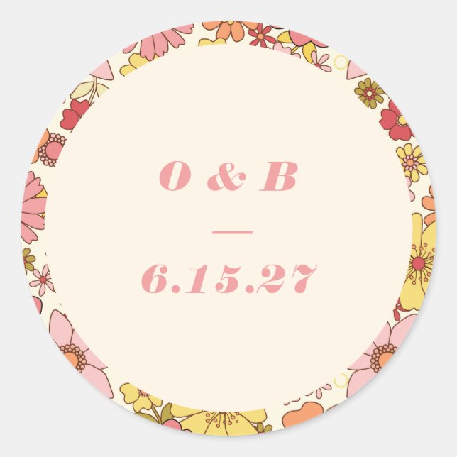 Retro Boho Pink Orange Blumenschild Monogram Runder Aufkleber (Vorderseite)