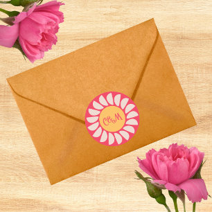 Retro Boho Pink & Orange Blumenzange Monogramm Runder Aufkleber