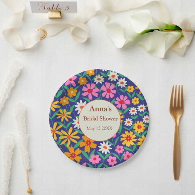 Retro Boho Pink Orange Brautparty Pappteller (Hochzeit)