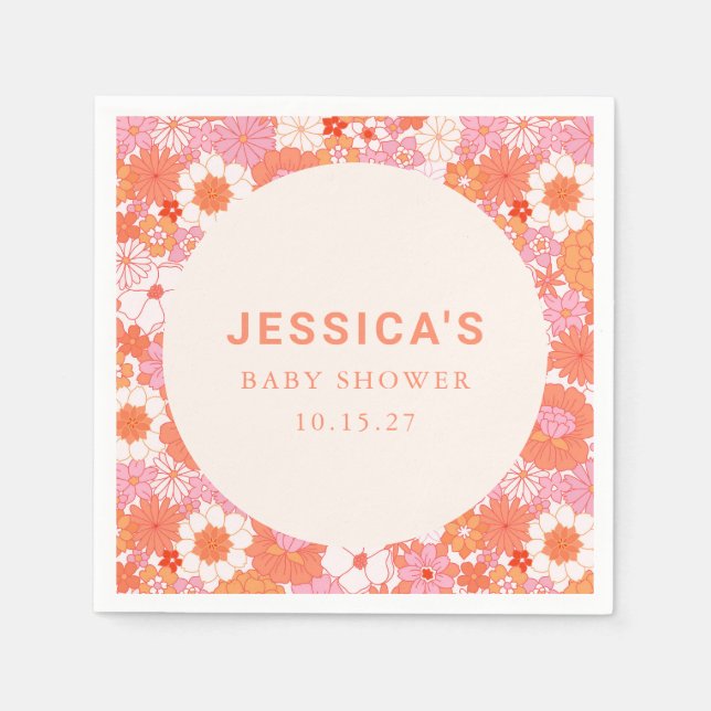 Retro Boho Pink Orange Floral Custom Baby Dusche Serviette (Vorderseite)
