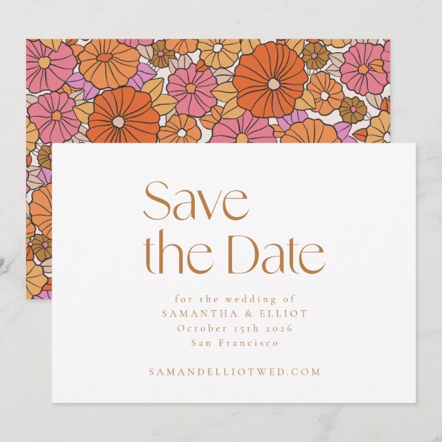 Retro Boho Pink Orange Minimalistische Hochzeit Save The Date (Vorne/Hinten)
