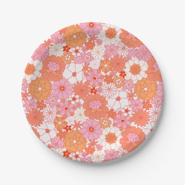 Retro Boho Pink Orange Niedliche Blume Pappteller (Vorderseite)