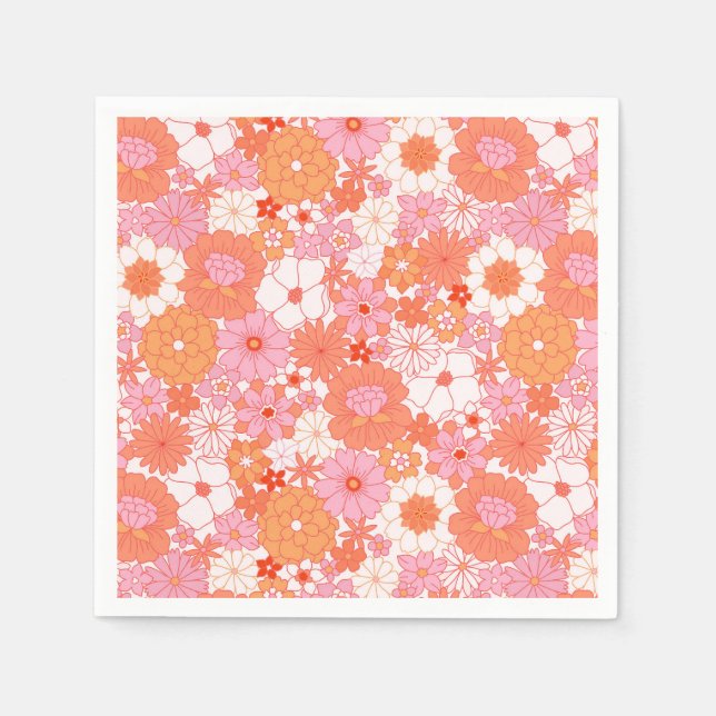 Retro Boho Pink Orange Niedliche Blume Serviette (Vorderseite)