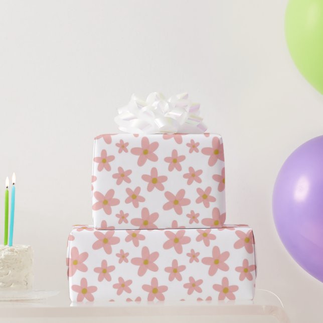 Retro Boho Pink und White Daisils Mädchen Geschenkpapier (Partygeschenke)