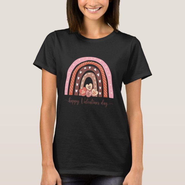 Retro Boho Rainbow Cute Pink Heart Happy Valentine T-Shirt (Vorderseite)
