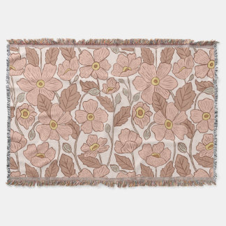 Retro Boho Rosa Botanisch Illustriert Floral Decke