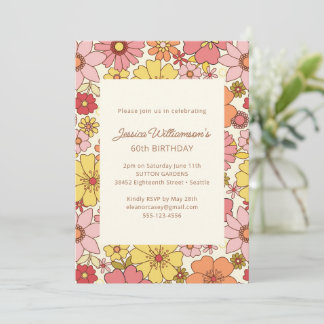 Retro Boho Rosa Gelbe Blumen Groovy 60. Geburtstag Einladung