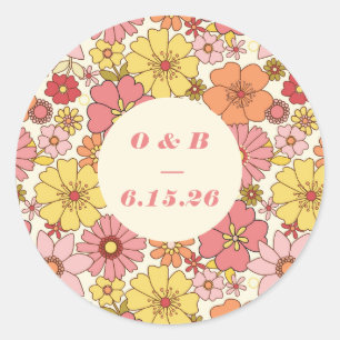 Retro Boho Rosa Gelbe Blumige Hochzeitsmonogramm Runder Aufkleber