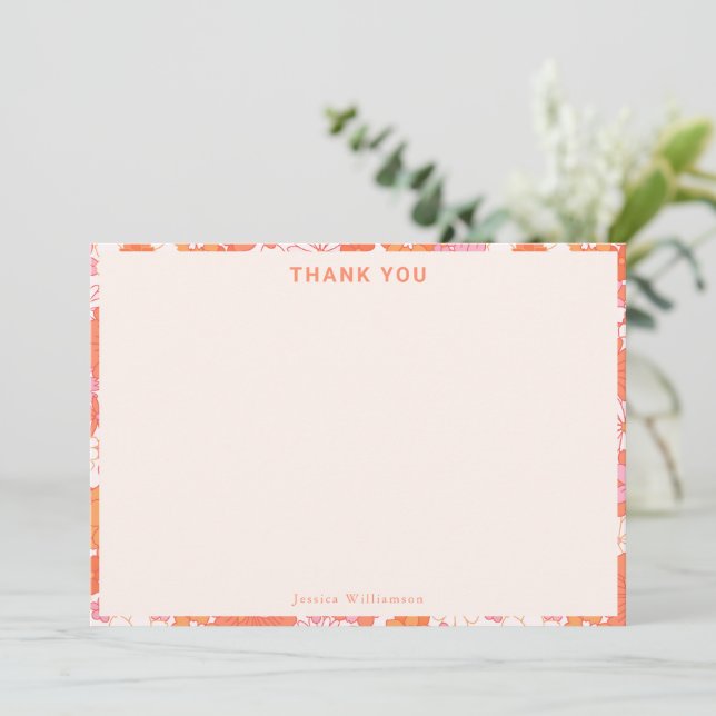Retro Boho Rosa Orangefarbenes Blumenmuster Süße B Dankeskarte (Stehend Vorderseite)