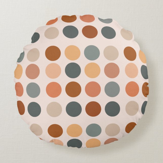 Retro Boho Rust und neutrale Polka-Punkte Rundes Kissen (Vorderseite)