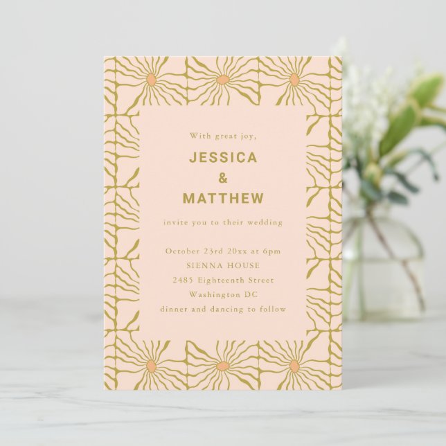 Retro-Boho-Senf-Blumenfliesen-QR-Code-Hochzeit Einladung (Stehend Vorderseite)