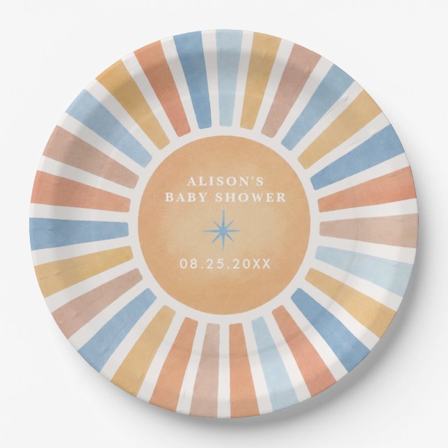 Retro-Boho-Sonnenjunge-Baby-Party Pappteller (Vorderseite)