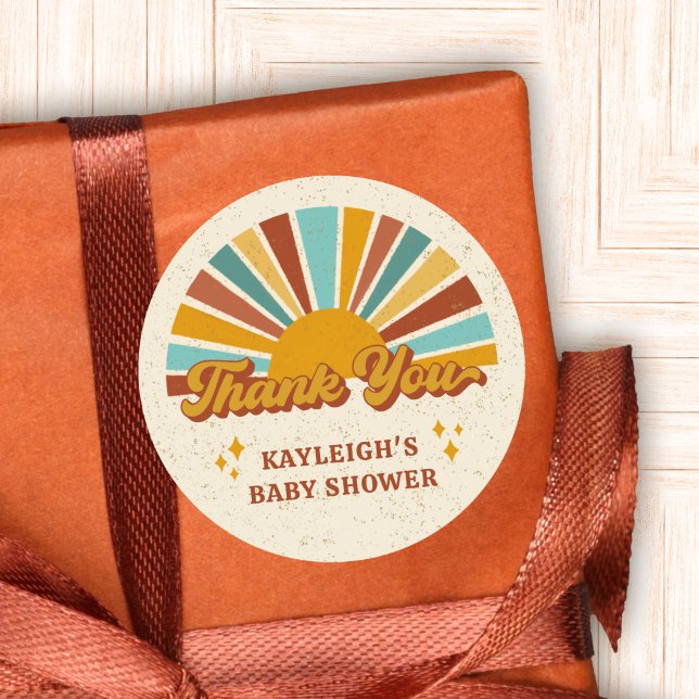 Retro Boho Sun Baby Shower Thank You Name Runder Aufkleber (Von Creator hochgeladen)