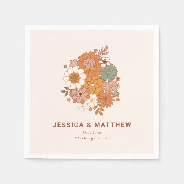 Retro Boho Terracotta Floral Custom Name Wedding  Serviette (Vorderseite)