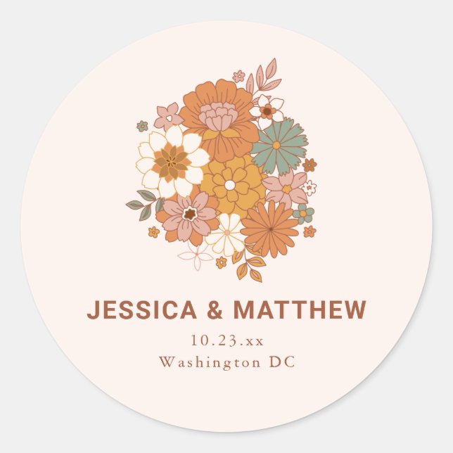 Retro Boho Terracotta Floral Custom Names Wedding  Runder Aufkleber (Vorderseite)