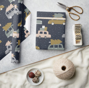 Retro Boho Vintage Car und Weihnachtsbaummuster Geschenkpapier