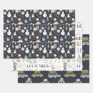 Retro Boho Vintage Car und Weihnachtsbaummuster Geschenkpapier Set