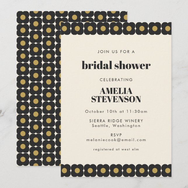 Retro Bold Black and Gold Floral Brautparty Einladung (Vorne/Hinten)