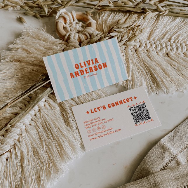 Retro Bold Blue Groovy Funky Trendy Fun QR Code Visitenkarte (Von Creator hochgeladen)