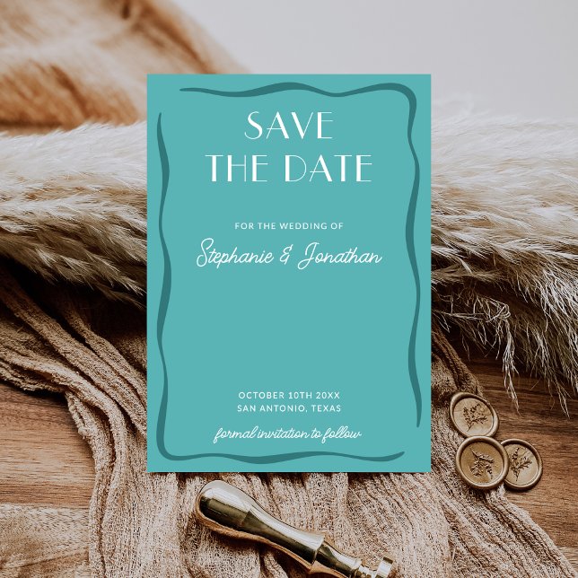 Retro Bold Mid Century Modern Teal Blue Wedding Save The Date (Von Creator hochgeladen)