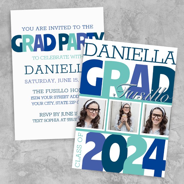 Retro Bold Oversified 3 Foto Blue Aquamarin Grad P Einladung (Modern Teal Aqua Blue Retro Graduation Announcement Grad Party Invitation)