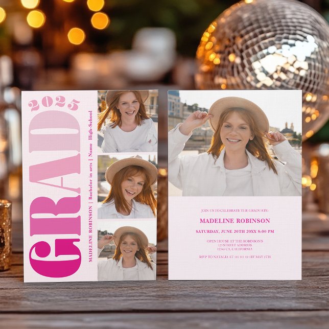 Retro Bold Pink 2025 Graduation Party 4 Foto Einladung (Retro Bold Pink 2025 Graduation Party 4 Photo Invitation)
