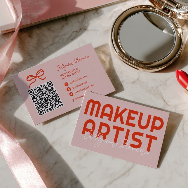 Retro Bold Pink Red Makeup Artist QR Code Visitenkarte (Retro Bold Pink Red Makeup Artist QR Code Business Card)