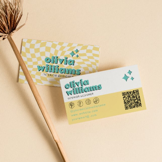 Retro Bold QR  Code Boho Groovy Checkered Unique Visitenkarte (Von Creator hochgeladen)