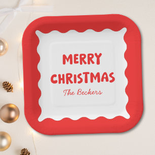 Retro Bold Wavy Red Fun Custom Frohe Weihnachten Pappteller