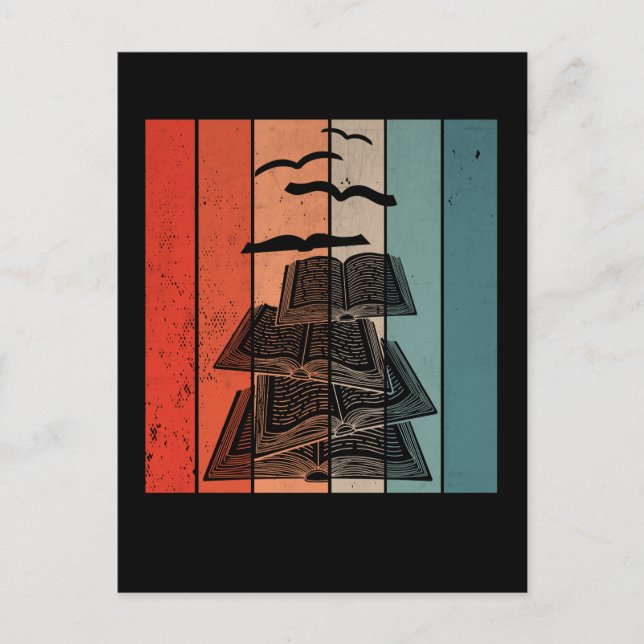 Retro Book Birds Library Bookworm Postkarte (Vorderseite)